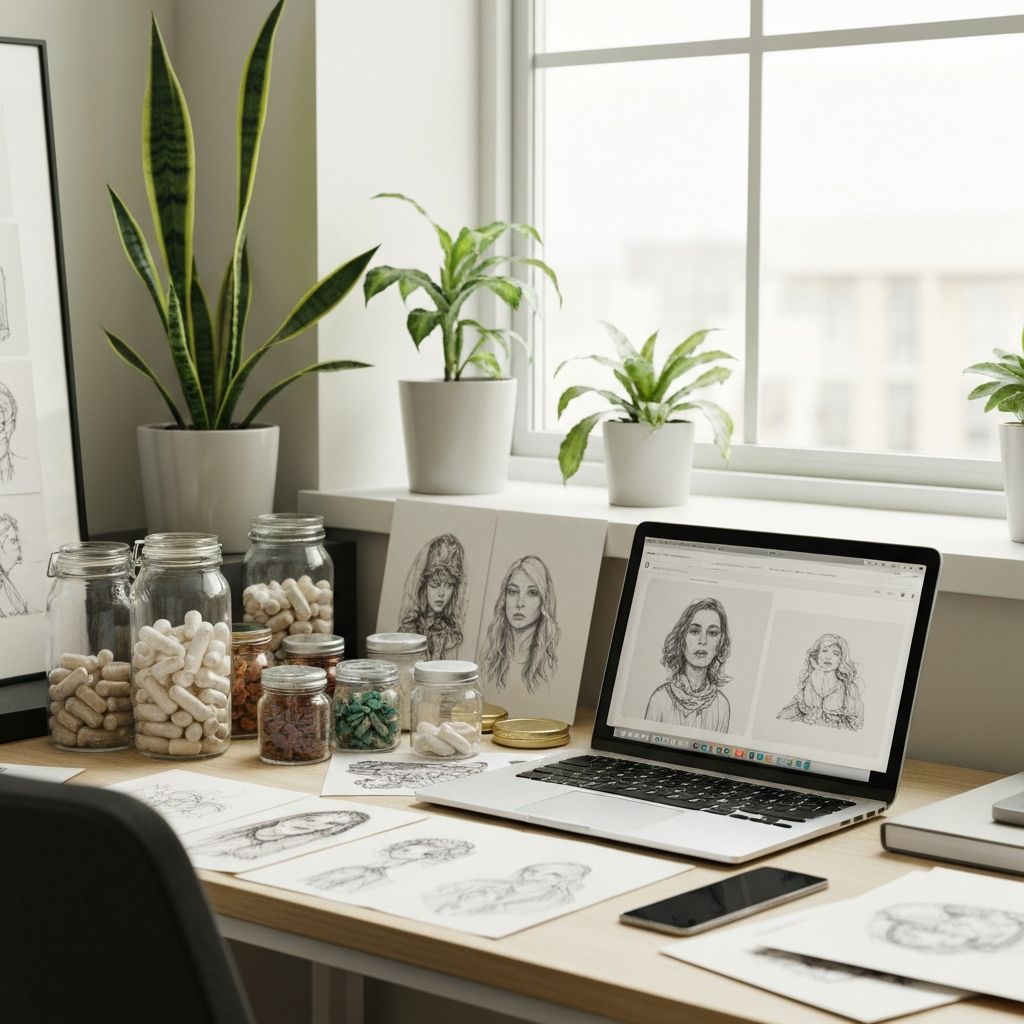 Kreativer Arbeitsplatz mit Supplementengläsern, Skizzen und Laptop im Licht