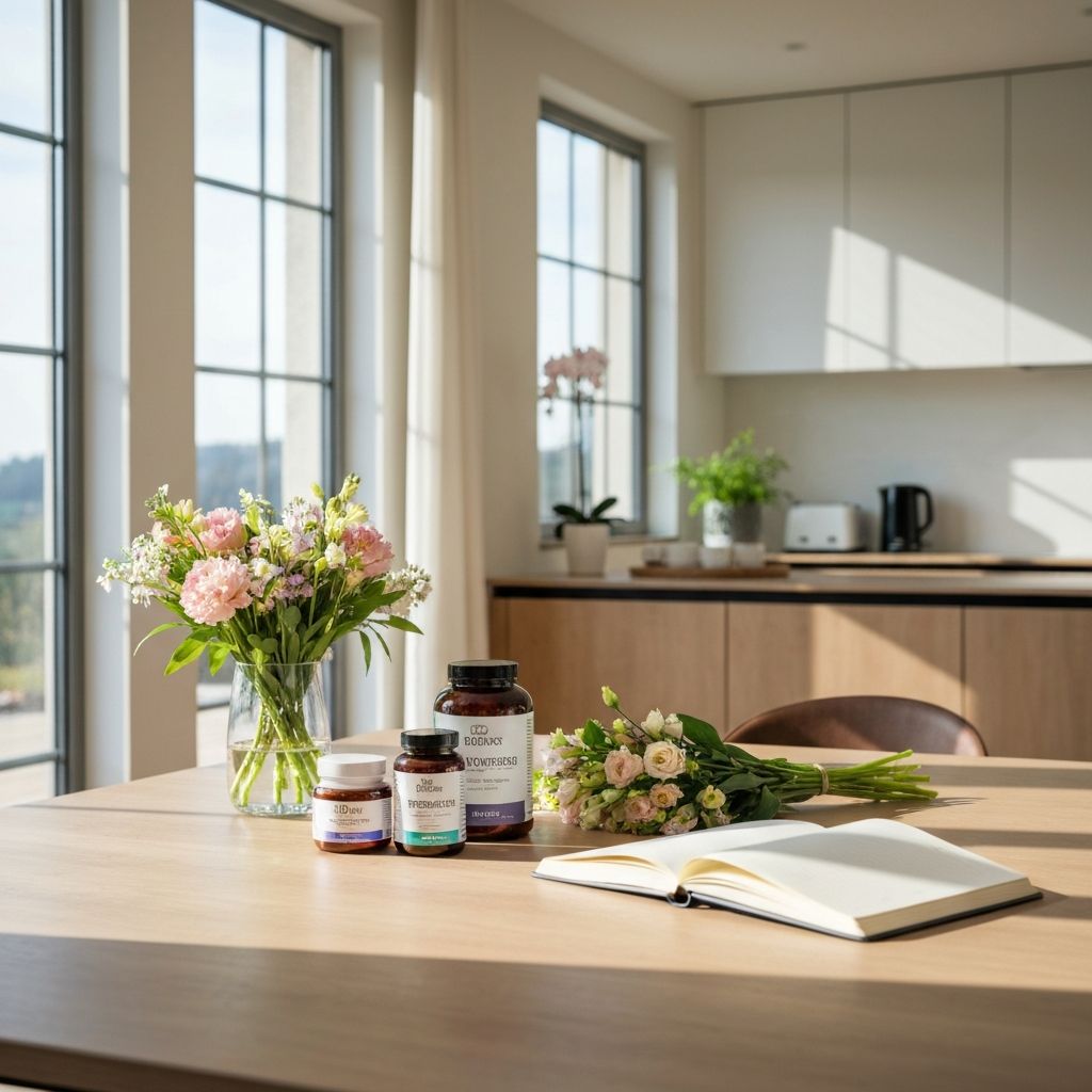 Designer-Küchentisch mit Supplementen, Blumen und Notizbuch im Morgenlicht