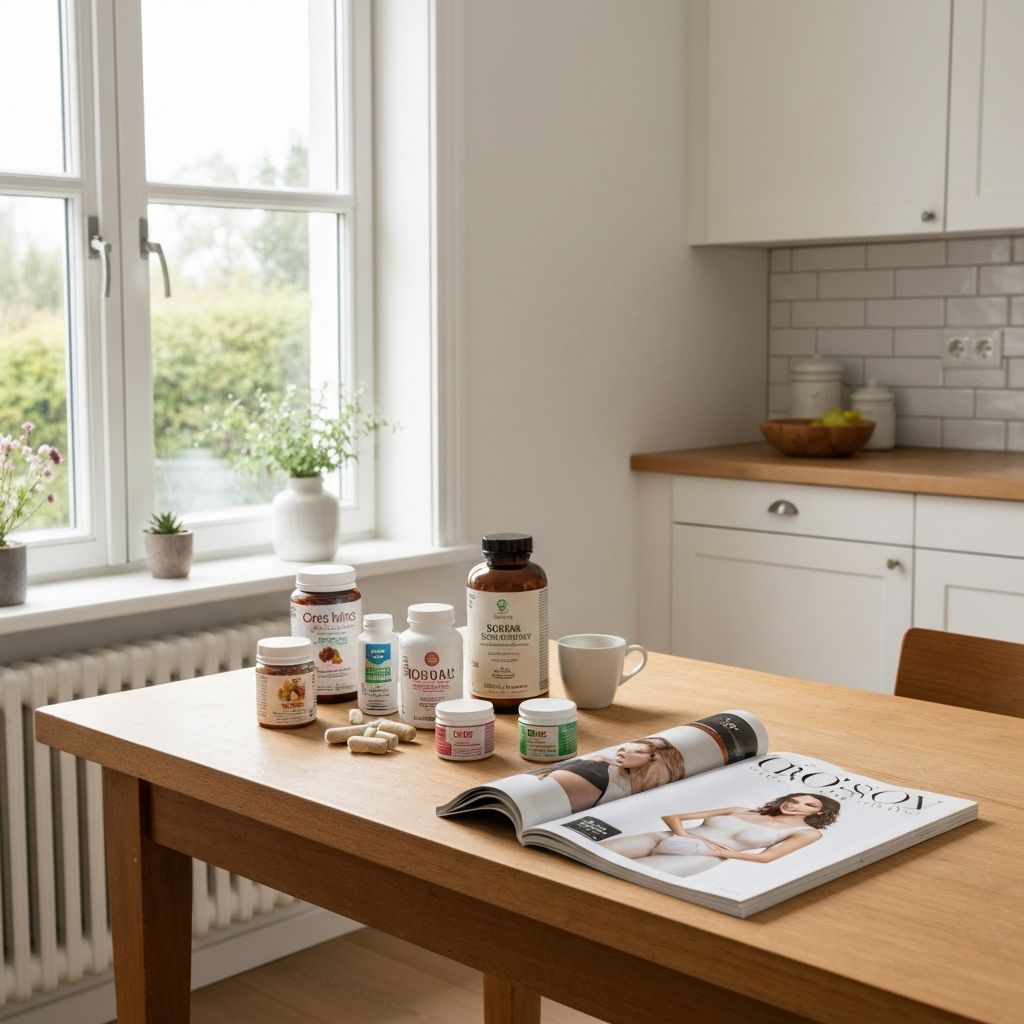 Fashion-Frühstückstisch mit Bio-Supplementen und Zeitschrift im Morgenlicht