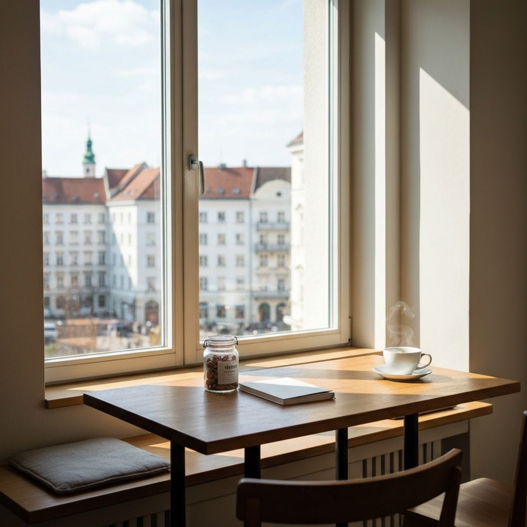 Café-Fensterplatz mit großem Fenster, Supplementenglas und Notizbuch